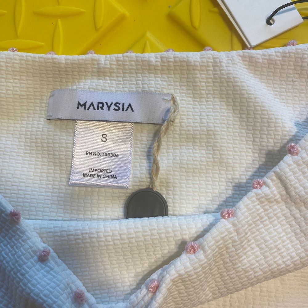 Marysia White Textured High Waisted Bikini Bottom Pink Dot Detail Small NWT - Picture 3 of 3